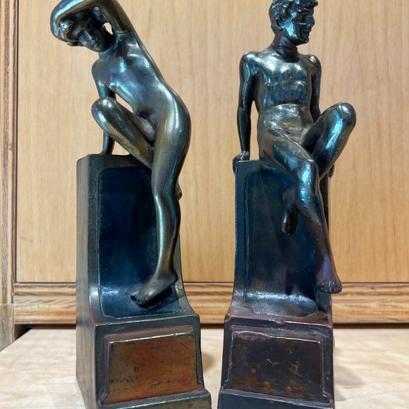 Bronze Bookends Nude Man Woman Art Nouveau Sculpture Circa 1916 “Classic Art” - Picture 7 of 16